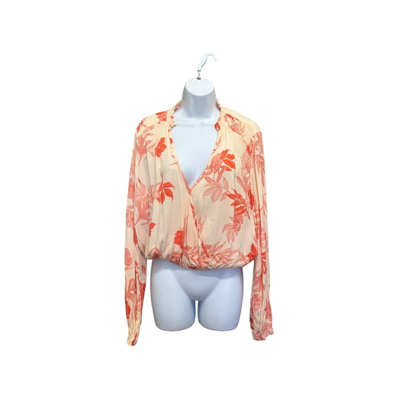 EAC Tops - EAC Melon Orange Floral Criss Cross Front Long Sleeve Blouse - Size S